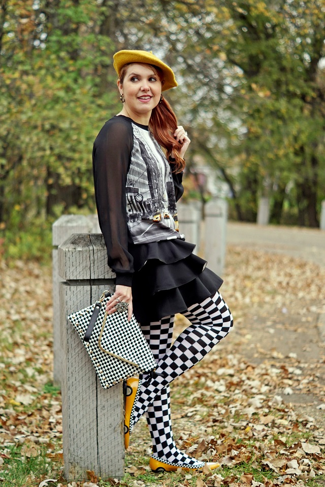 Winnipeg Canadian Fashion Stylist consultant blog, #ElieTahariForKhols , Elie Tahari for DesigNation Taxi Georgette New York top, Kate Spade New York yellow taxi cab patent leather flats, BCBG Maxi Azria Charla tiered black white ruffle a line skirt, Aldo accessories black and white checkered clutch purse bag, Black white checkered Forever 21 tight